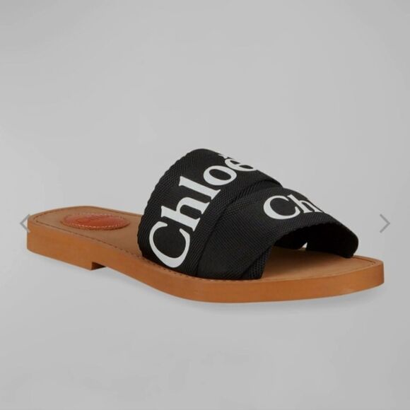 Chloe Shoes - Chloe Woody Flat Logo Ribbon Black Slide Sandals Size 37 New